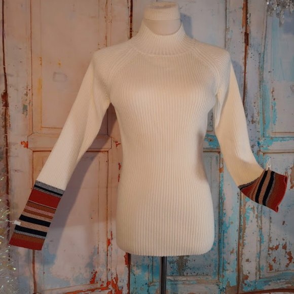 Roolee  long sleeve stretch knit sweater w cuffs/size XL /cream brown blue - Picture 1 of 5